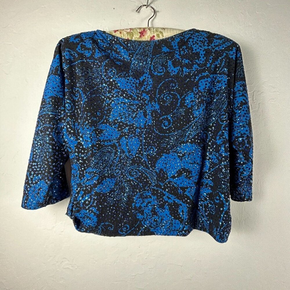 Vintage Ricki Lang For Nuit Womens Top 4 Black Blue Floral Cropped Dolman Sleeve